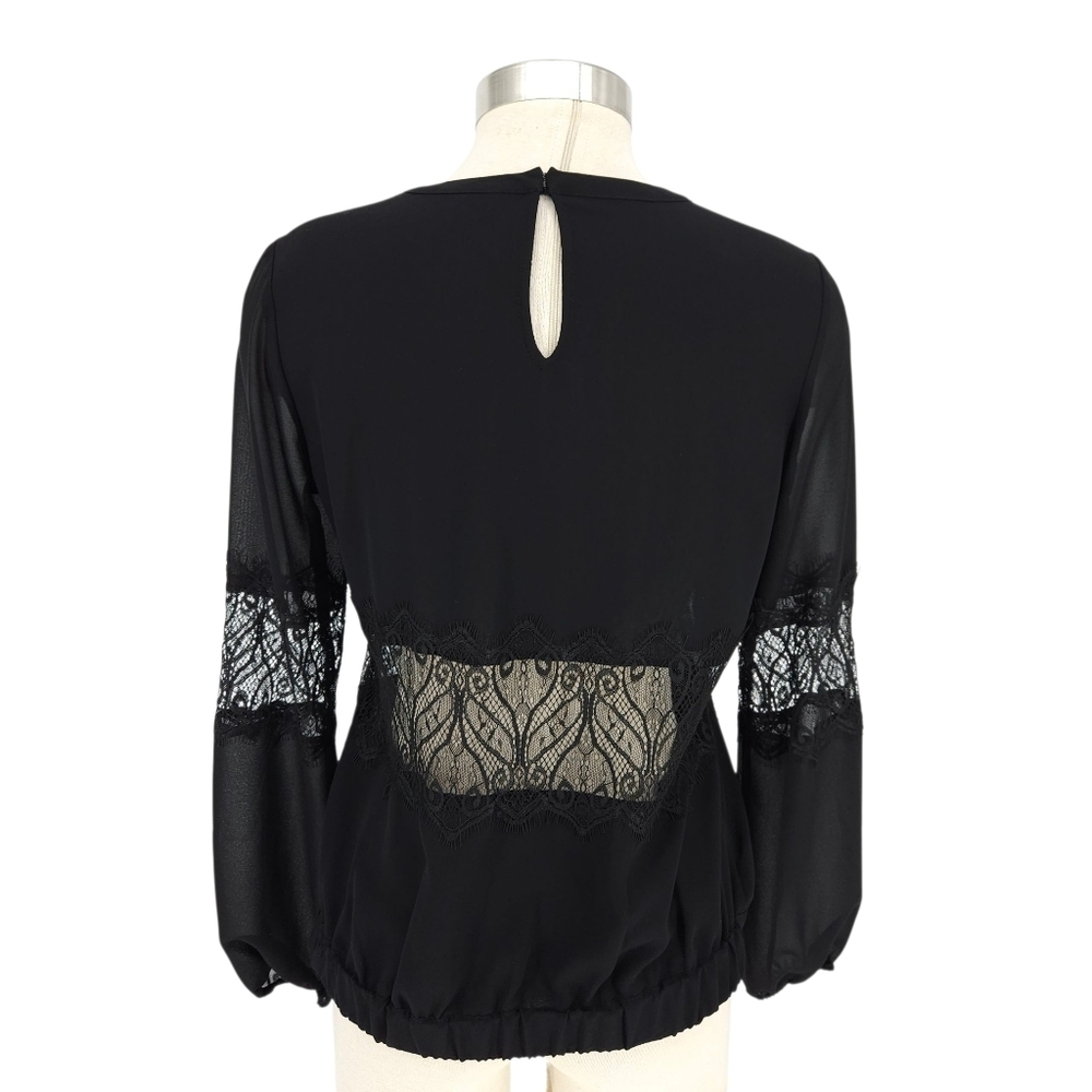 GUESS Blouse Black Sheer Lace Panel Long Sleeve Sexy Keyhole Back Top XS - Picture 3 of 6